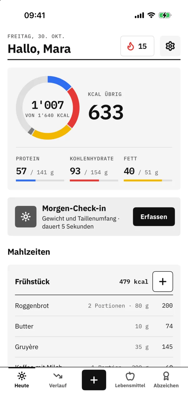 Tacit, Ansicht Heute: Kalorienring mit den übrigen Kilokalorien, darunter Protein, Kohlenhydrate und Fett