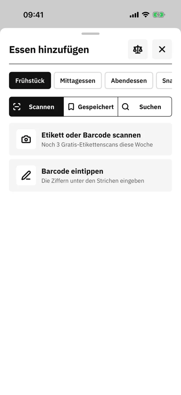 Essen hinzufügen: Etikett oder Barcode scannen, oder einen Barcode eintippen