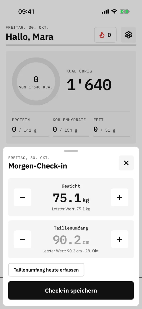 Morgen-Check-in mit Gewicht und Taillenumfang