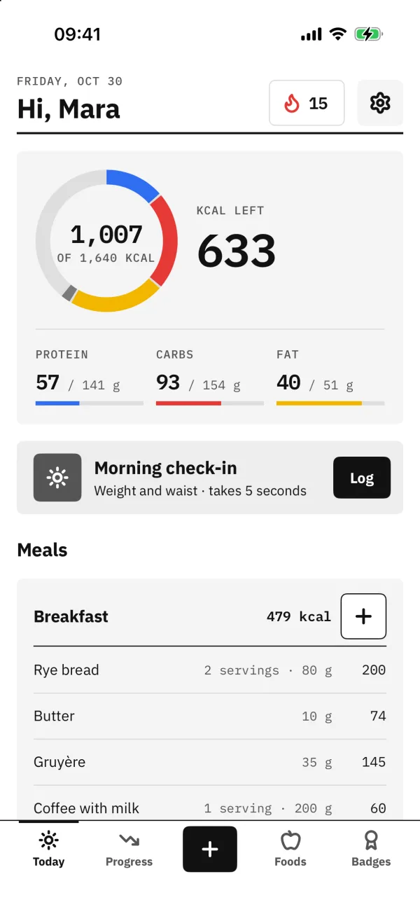 Tacit, the Today screen: a calorie ring with the kilocalories left, then protein, carbs and fat