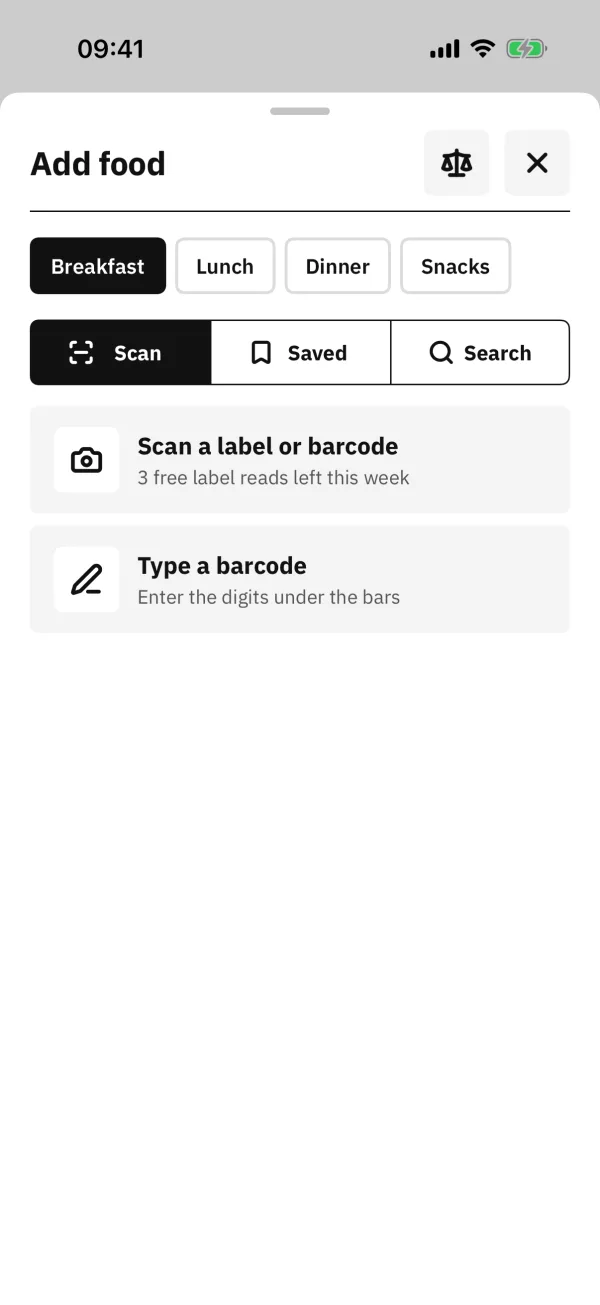Add food: scan a label or barcode, or type a barcode