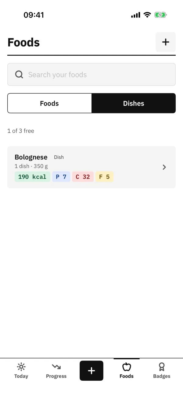 Foods, Dishes tab: the dish Bolognese with its calories and macros