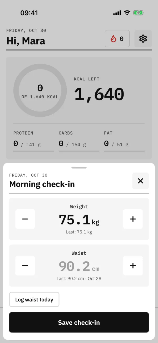 Morning check-in with weight and waist